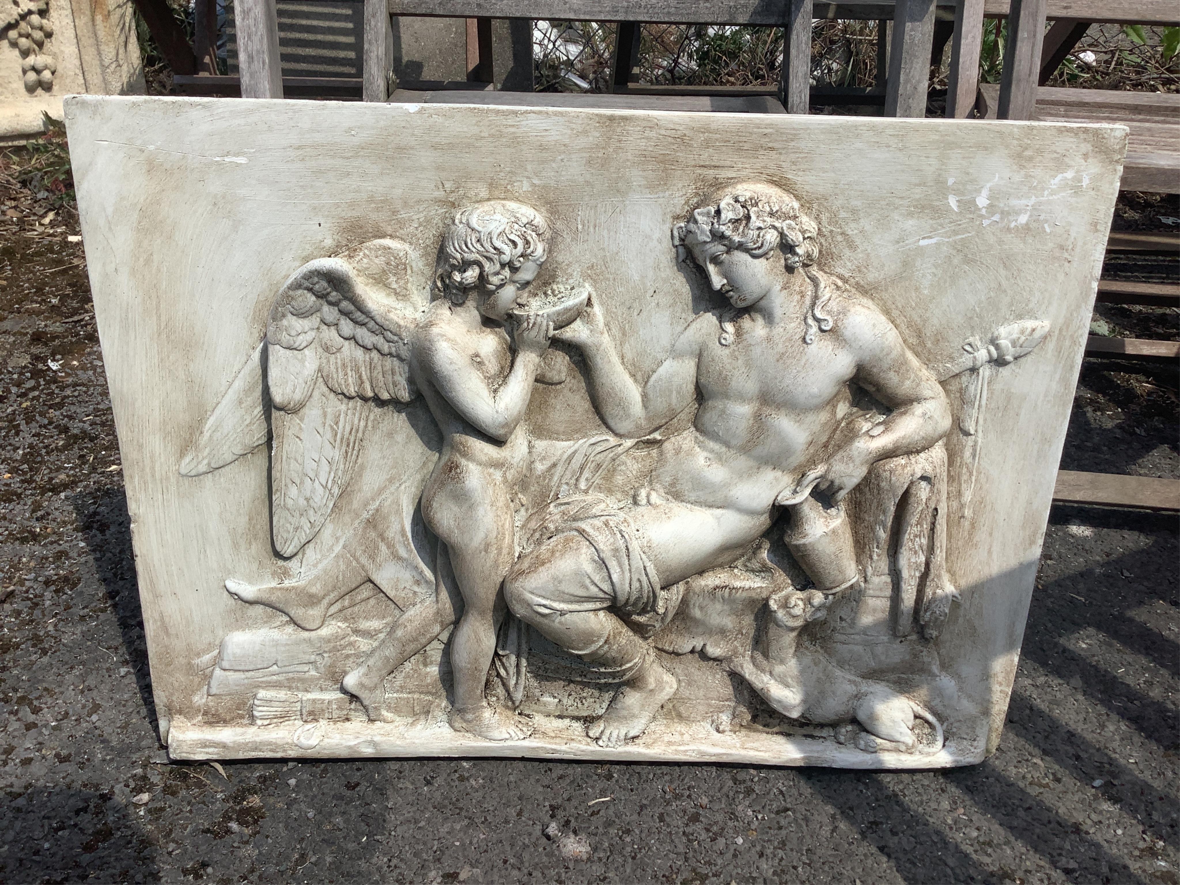 A rectangular cast plaster classical wall plaque, width 70cm, height 52cm